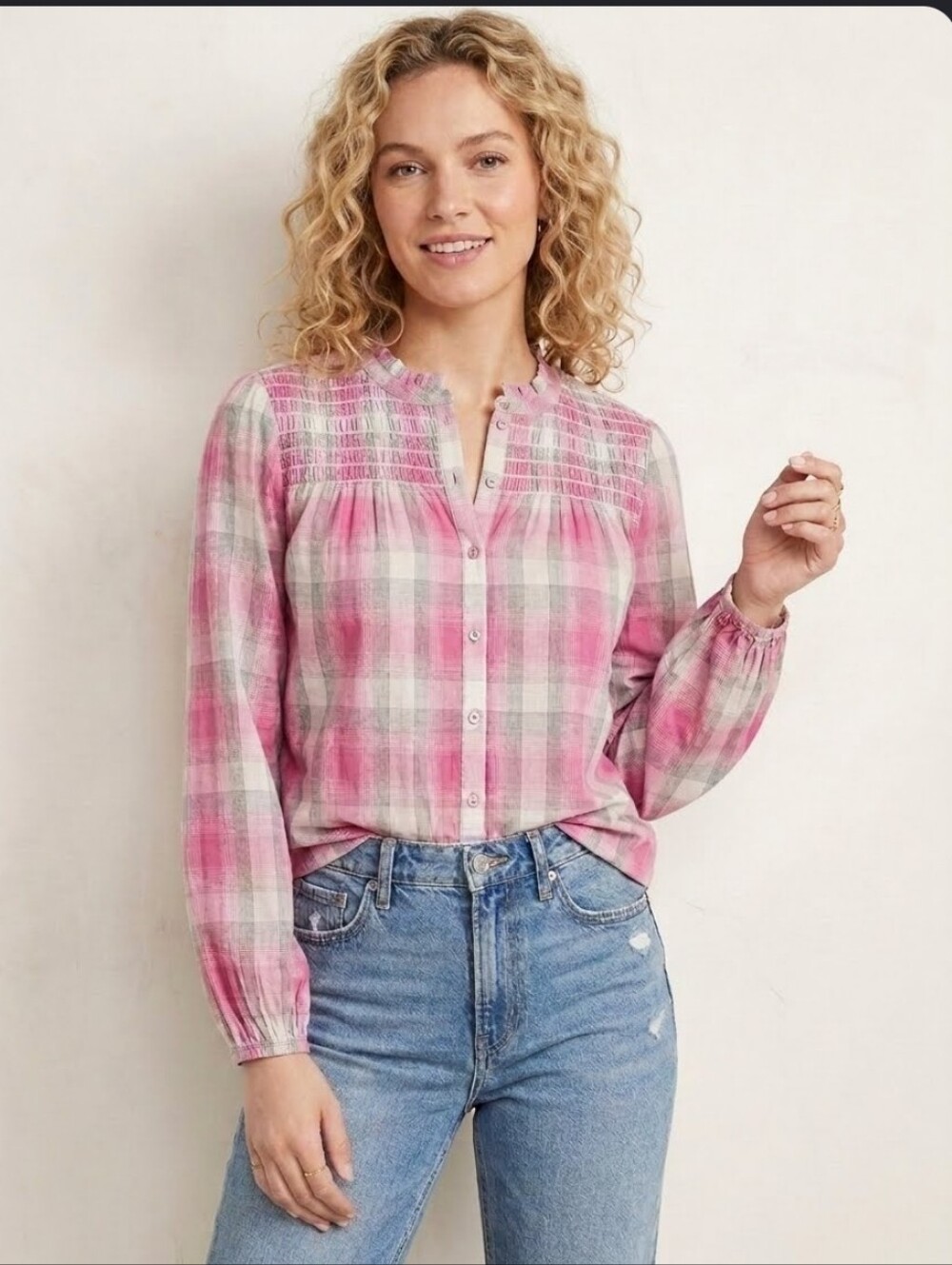 NWT LOFT Pink Plaid Smocked Yoke Button Front Blouse - Size XS